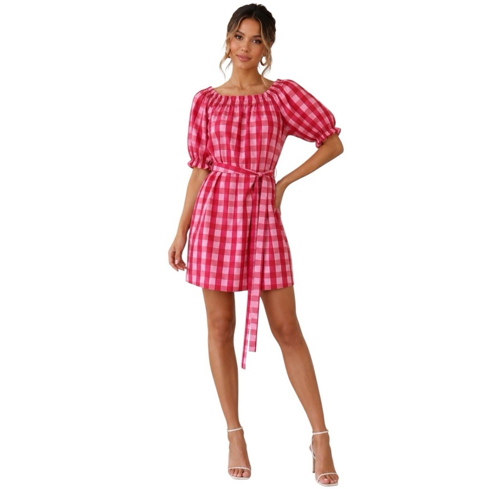 Mersea Veranda Gingham Dress Pink Red Puff Sleeve Belted Cottagecore NWT M